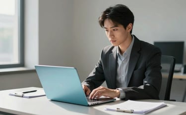 A focused professional in a minimalist, sun-drenched office using a slim laptop with pale blue and teal accents, Global / Modern setting, emphasizing productivity and cutting-edge tech.