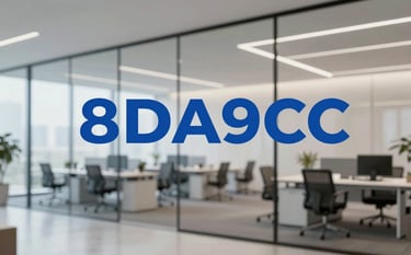 A high-end, minimalist corporate office interior with glass walls and sleek furniture. The lighting is bright and professional, incorporating the brand colors #8DA9C4 and #3A506B through subtle reflections and office decor. The atmosphere is sophisticated and visionary.