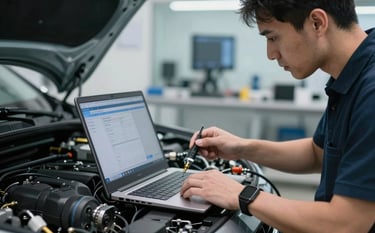A close-up of a professional technician in a modern Southern European workshop connecting a diagnostic laptop to a luxury vehicle's engine control unit. The lighting is clean and professional with cool blue and soft grey tones, highlighting the precision of automotive electronic tuning.