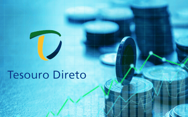 imagem como nome Tesouro Direto com moedas ao fundo e gráficos com índice da bolsa de valores.