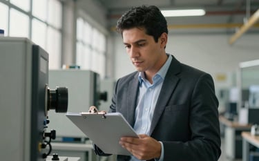 A focused professional in a modern industrial setting in Latin America, performing a rigorous internal audit. The person is holding a clipboard, looking at equipment, with soft morning light and a professional, technical atmosphere.
