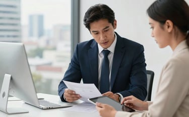 A high-end corporate office in a Latin American city. A professional consultant in a sharp suit is reviewing technical documentation with a client on a tablet. Bright, natural lighting, minimalist setting, navy blue and off-white accents.
