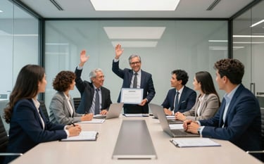 Wide shot of a successful business team in a Latin American corporate boardroom, celebrating the achievement of a certification. Professional attire, clean minimalist glass and steel interior, tones of navy blue and light gray.