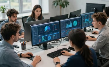 A high-angle view of a professional tech team collaborating in a bright, modern office in Kyiv, using multiple screens with complex data visualizations, professional steel blue tones.