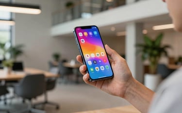 A professional in a stylish coworking space in Ukraine holding a high-end smartphone with a vibrant app screen, soft focus on a background of contemporary architecture and plants.