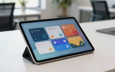 A close-up photograph of a sleek Android tablet displaying a colorful and intuitive user interface, resting on a clean white desk in a modern Eastern European office, bright and soft morning light.