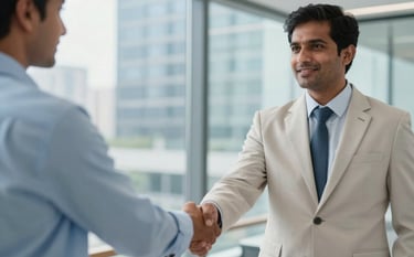 Close-up photography of a professional South Asian consultant in business attire, shaking hands with a client in a modern, glass-walled office environment. The background shows a blurry cityscape. The composition is clean, using a light blue and off-white color palette to convey trust and global reach.