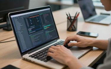 A detailed shot of a person's hands in a modern North American / US tech hub workspace, working on complex software development and database management on a laptop. The lighting is crisp, professional, and contemporary.