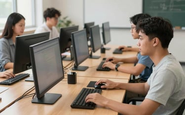 A professional North American / US classroom setting where adult students are learning basic computer skills on sleek, modern desktop monitors. The room is bright with natural light, featuring high-quality wooden desks and a clean, academic atmosphere.