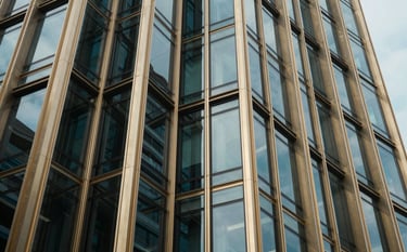 Macro photography of a modern architectural facade in a luxury Thai commercial district. Sleek steel and glass reflecting a muted blue sky, accented by champagne gold structural elements. Professional and clean composition. Asia Pacific / Thai.