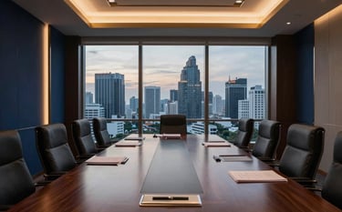 A sophisticated high-rise boardroom in Bangkok overlooking the metropolitan skyline at dusk. The interior features polished dark wood, deep navy accents, and gold trim. Soft ambient lighting highlights the refined atmosphere. Asia Pacific / Thai context.