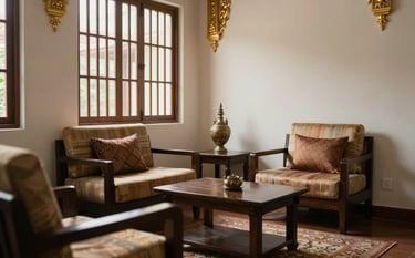 A serene and private consultation room in Thailand with traditional silk textures and modern furniture. Warm off-white walls and gold architectural accents create an exclusive atmosphere. Soft natural light filters through vertical louvers. Asia Pacific / Thai.