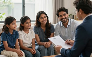 A high-resolution photo of a smiling South Asian family sitting in a sunlit, modern living room in Maharashtra, India. They are reviewing documents with a professional advisor in business attire. The lighting is soft and natural, conveying security and trust. The scene features subtle accents of deep blue and pale off-white.