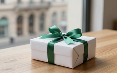 A minimalist, high-quality photograph of a gift box tied with a green ribbon (#4A7C59) on a clean wooden table. In the background, a blurred view of Vic’s historic architecture through a window. The style is modern and clean, symbolizing the monthly rewards for members.