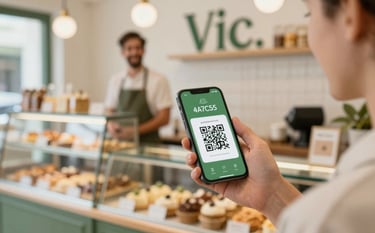 A bright, modern interior of a local bakery in Vic. A person is holding a smartphone showing a digital QR code, with a friendly merchant in the background. The lighting is clean and natural. Elements of the shop feature subtle #4A7C59 green accents, reflecting a trustworthy and professional atmosphere.