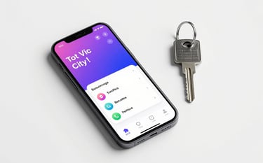 A clean, top-down shot of a smartphone and a key to the city on a desk. The phone screen displays a vibrant notification from the Tot Vic app. The background is #F8F8F8 white with soft shadows. The overall image represents digital innovation and the privilege of membership.