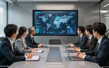 A high-tech corporate boardroom in a sleek steel gray and metallic silver theme. Professionals in formal attire discuss digital strategy around a clean, modern table. A large screen in the background displays complex tech schematics. The atmosphere is professional, global, and innovative.