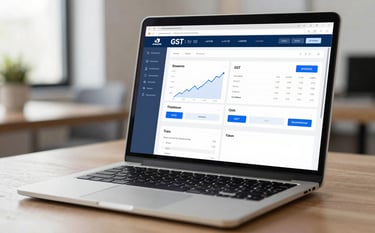 A close-up of a high-end laptop display showing organized financial charts and GST filing interfaces. The background is a soft-focus professional workspace in Bengaluru. The mood is technologically advanced and precise. Subtle use of brand colors #2D3748 and #A0AEC0 in the interface design.