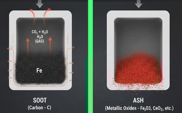 Diagram explaining burnable carbon soot versus permanent metallic ash accumulation in a DPF filter.