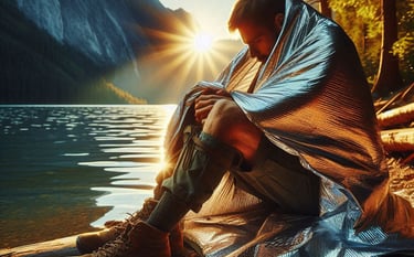 a man with a mylar emergency blanket around him by a lake