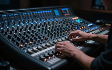 A cinematic photograph of a composer's hands on a large, high-tech mixing console. The room is dark charcoal navy, with glowing muted ocean blue LEDs and indicators. The lighting is moody and dramatic, suggesting the artistic excellence of a premium music partner.