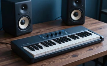 Photography of a sleek, modern MIDI keyboard and high-end studio monitors on a wooden desk. The scene is bathed in a sophisticated muted ocean blue light, with dark charcoal navy shadows. The composition is angled and dynamic, highlighting the premium gear used for music creation.