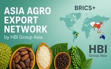 Digital marketing visual representing HBI Group Asia’s export support solutions, verified suppliers, and AI trade tools.