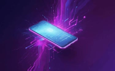 Ilustrasi smartphone dengan efek digital untuk layanan pengembangan aplikasi mobile