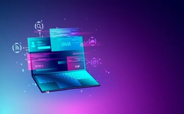 Ilustrasi laptop dengan elemen kode seperti HTML, CSS, Java, dan PHP untuk pengembangan web