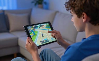 A young person in a casual North American / US living room environment, holding a tablet horizontally while playing a game. The atmosphere is fun and approachable. Soft Royal Blue lighting accents the background furniture.