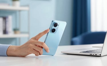 A professional in a modern North American / US home office setting, using a high-end Android smartphone. The lighting is bright and natural. The room features subtle Sky Blue and Royal Blue decor. The image style is clean, sharp, and focused on the device interaction.