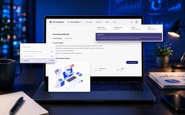A laptop on a desk displays an AI-powered document intelligence software analyzing a PDF for data extraction.