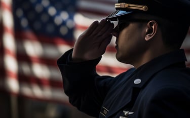 a man in uniform saluting to the us flag