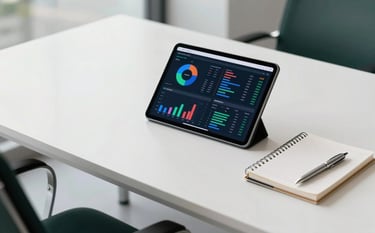 A high-end professional photograph of a clean, minimalist desk in a bright corporate office. A tablet displays complex data charts next to a silver pen and a professional notebook. The scene is bright and airy with subtle deep green accents, reflecting a global business atmosphere.