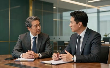 A professional photography shot of two corporate executives in elegant business attire having a focused discussion in a modern, glass-walled boardroom. The environment is sophisticated with gold and deep green interior accents, Global Business / Corporate style.