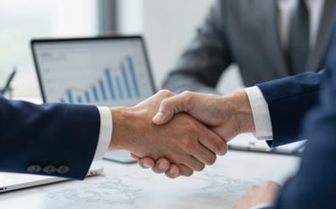 Close-up of a professional handshake between a consultant and a client over a marble table. The style is sophisticated and approachable, conveying a sense of partnership and reliability. Subtle clothing accents in #264B96. The background is a clean, bright meeting room with soft focus on a digital tablet showing professional financial growth charts.