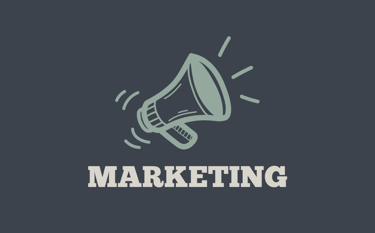 Marketing image with a megaphone icon in green with white lettering and a gray background