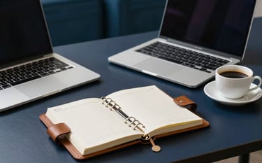 A high-end, clean North American home office desk with a sleek laptop, a structured leather planner, and a cup of coffee. The lighting is soft and professional, featuring a palette of dark navy and muted blue tones in the background.