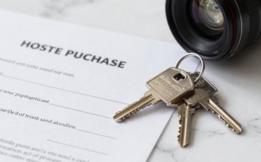 Close-up photography of a real estate purchase agreement and a set of modern house keys on a white marble surface. Sharp focus, clean composition, North American real estate context.