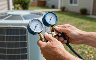 Close-up of a technician's hands using professional gauges to check the pressure of a residential outdoor AC condenser in a North American suburban backyard during a sunny day. Medium blue and light blue colors are present in the equipment.
