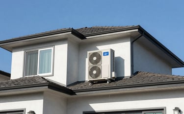 A wide-angle, bright architectural shot of a modern North American house exterior with a newly installed high-tech silver air conditioning unit. Clear blue sky, sharp details, and professional residential photography style using a light blue and off-white color scheme.