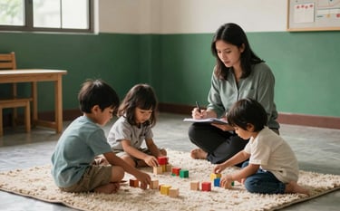 A warm, nurturing classroom scene in Indonesia with soft natural light. A professional observer in a muted green blouse sits discreetly on a low chair, taking notes while young children play with educational wooden blocks on a soft cream rug. The environment is clean and supportive, with deep green and stone colored wall accents.