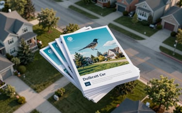 A bird's eye view of a leafy Toronto suburban street in the afternoon. Neatly kept lawns and modern houses. Focus on a stack of professional, colorful flyers ready for distribution. High-end, trustworthy feel with soft shadows and deep teal and light blue tones.