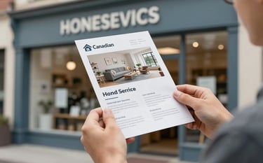 A close-up shot of a small business owner in a modern Canadian storefront, holding a professionally designed marketing flyer. The flyer features local home services. Soft, natural lighting. The shop interior features a palette of slate blue and off-white.