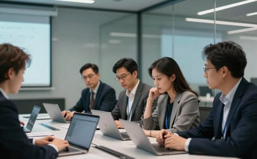 A group of focused professionals collaborating in a high-tech North American / US conference room with glass walls. The aesthetic is premium and innovative, with soft blue ambient light.