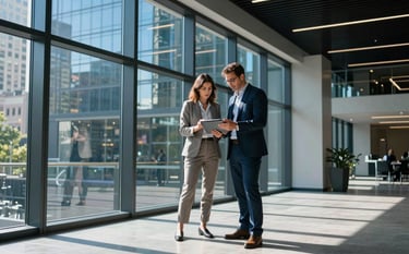 Modern business interior in a North American city. Two business partners in smart-casual attire stand in a sunlit architectural space with glass walls, reviewing a financial project on a digital tablet. Deep blue shadows and light blue accents reflect a professional, innovative environment.