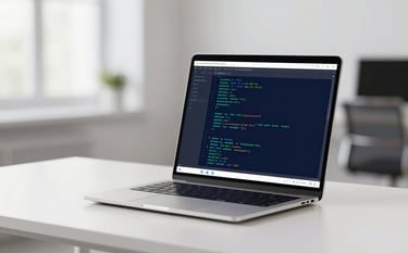 A sleek, modern laptop on a minimalist white desk showing a clean software code interface with syntax highlighting in teal #4CAF9D and dark blue #0F1D33. The background is a soft-focus office with professional lighting, projecting a high-end tech environment.