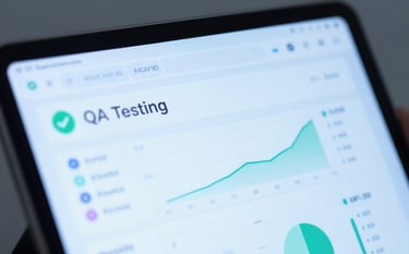 A close-up view of a tablet screen displaying a sophisticated QA testing dashboard with green checkmarks #4CAF9D and analytical charts. The scene is lit with professional cool blue tones #22577A, symbolizing precision and software quality.