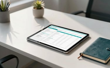 A professional desk setup in a bright European Portuguese office. On the table is a tablet displaying clean financial spreadsheets and a leather-bound notebook. Soft morning light, professional atmosphere, minimalist decor with muted teal accents.