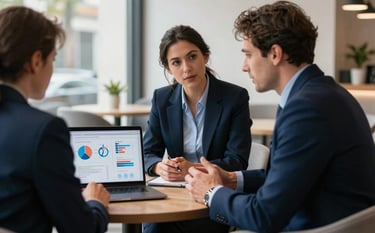 Two business professionals in smart-casual attire having a collaborative discussion in a modern Lisbon-style lounge. A laptop shows a marketing strategy. Natural light, sophisticated and forward-thinking mood using dark blue and light blue tones.